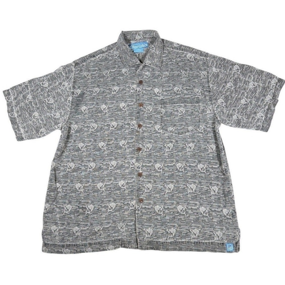 Bermuda Bay Silk Hawaiian Shirt Mens Large Gray Tropical Camp Resort‎ Button Up